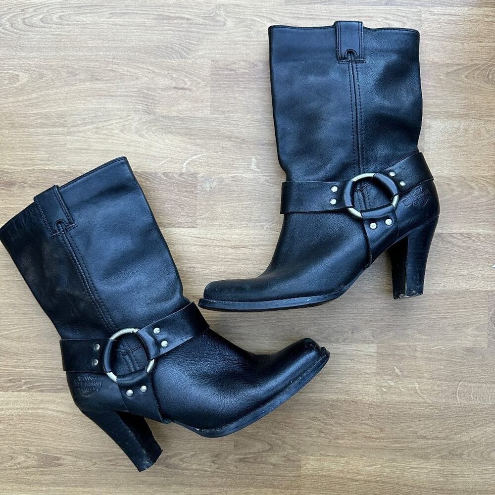 Harley-Davidson Black Leather Harness Heeled Boots Womens 7.5 Biker Moto Grunge